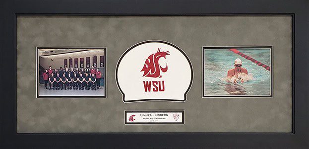 Framed WSU swim team photos and logo.